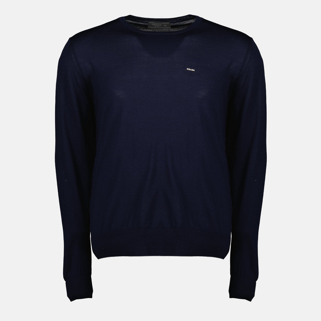 Image of Fine Wool Navy Sweater by Prada for Men - Season Spring-Summer 2026 - Front View