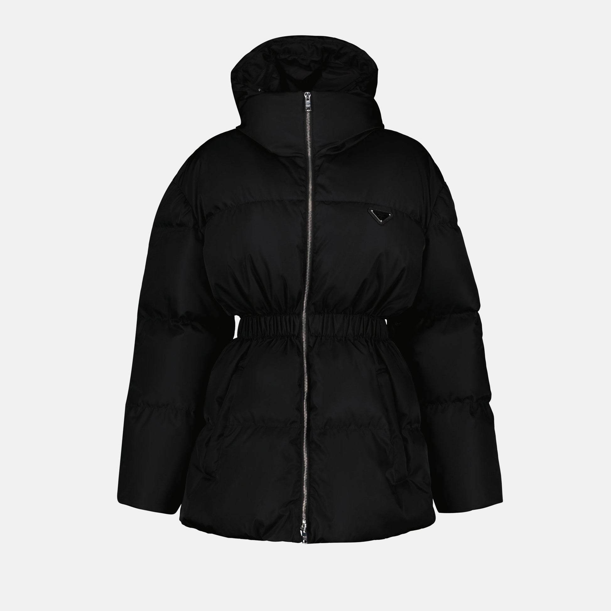 Prada puffer jacket, Re-Nylon jacket, black cinched jacket, sustainable outerwear, luxury winter jacket