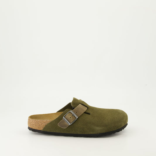 Khaki mules, Boston Mules, Birkenstock footwear, men's shoes, sophisticated comfort