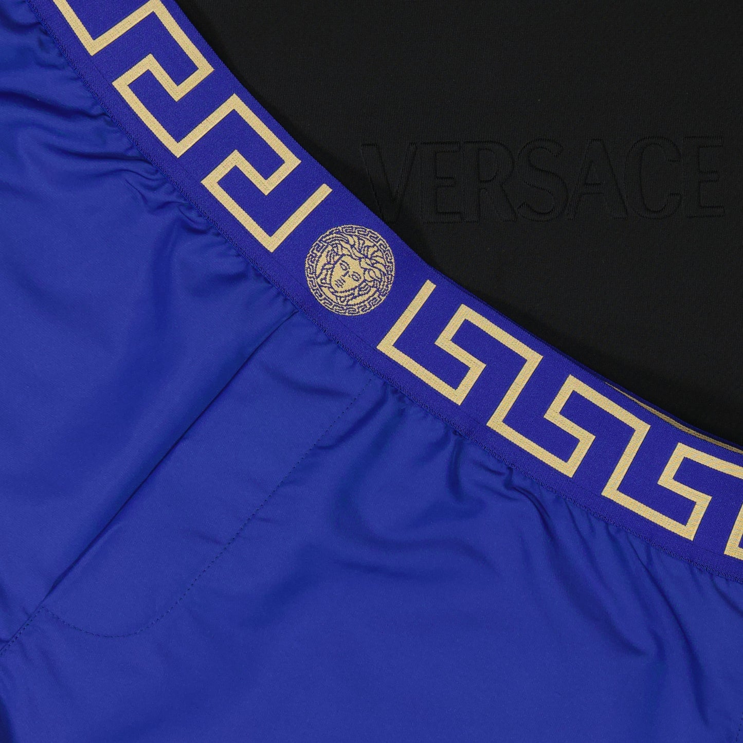 Medusa Greca, Blue Swim Shorts, Versace Swimwear, Elastic Waistband, Stylish Swimwear