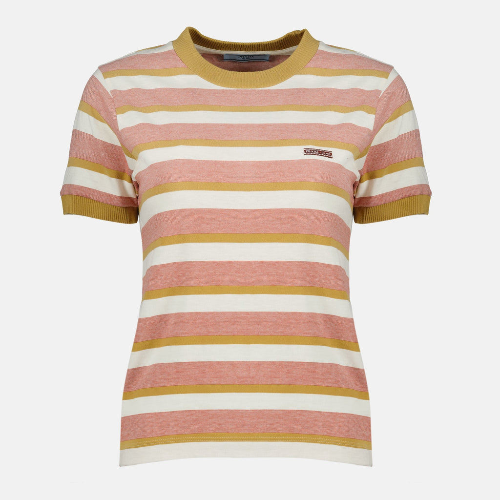 Image de T-shirt rayé rose par Prada pour femmes - Saison Printemps-Été 2026 - Vue de face