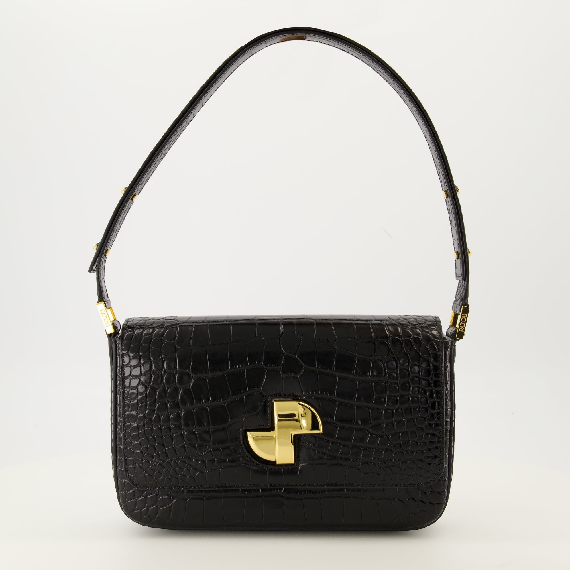 Patou handbag, croco-effect leather bag, elegant black handbag, Art Deco clasp, adjustable handle handbag