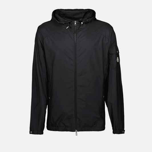 windbreaker, black jacket, Moncler jacket, adjustable hood, nylon jacket