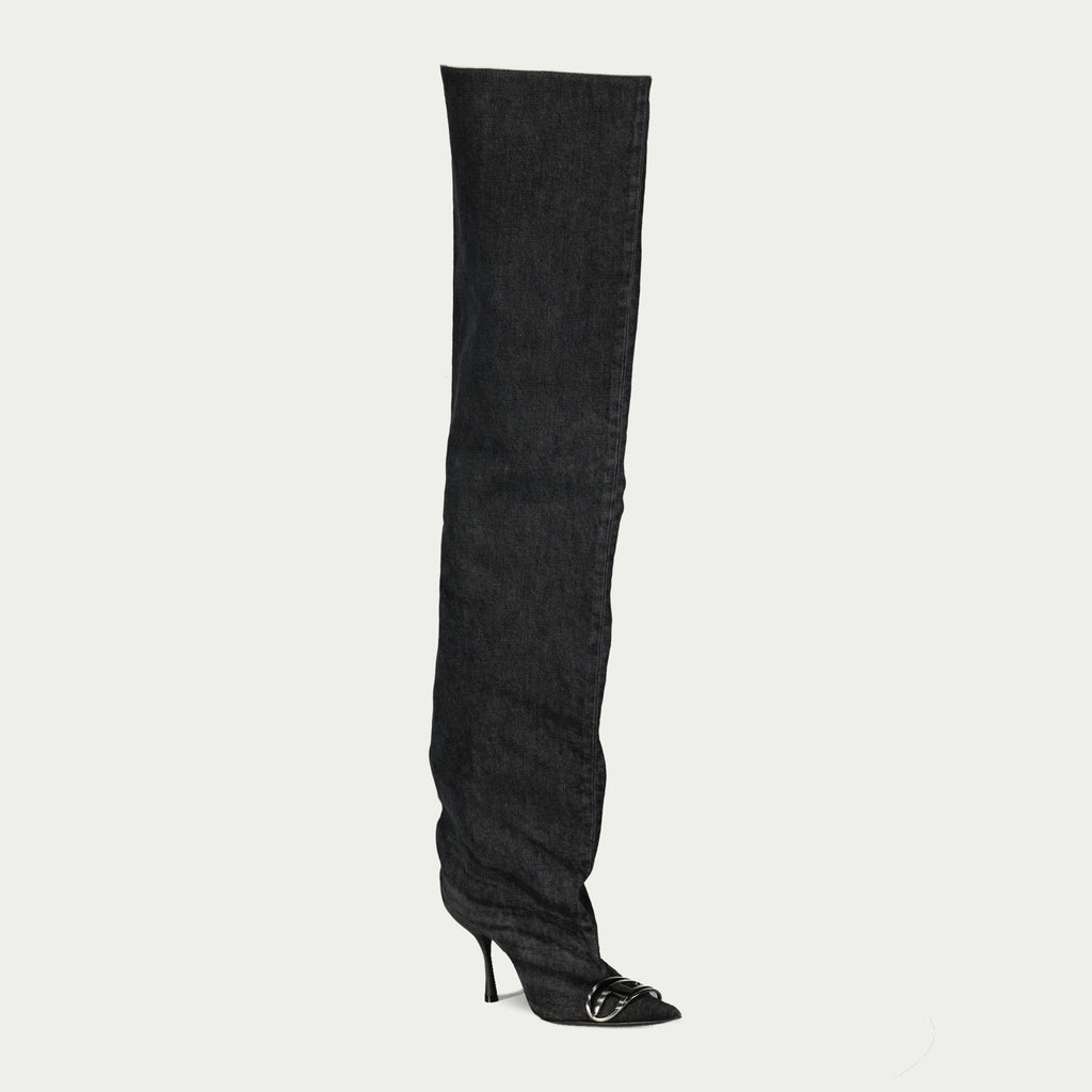 thigh-high boots, denim boots, black washed boots, Diesel footwear, autumn winter collection