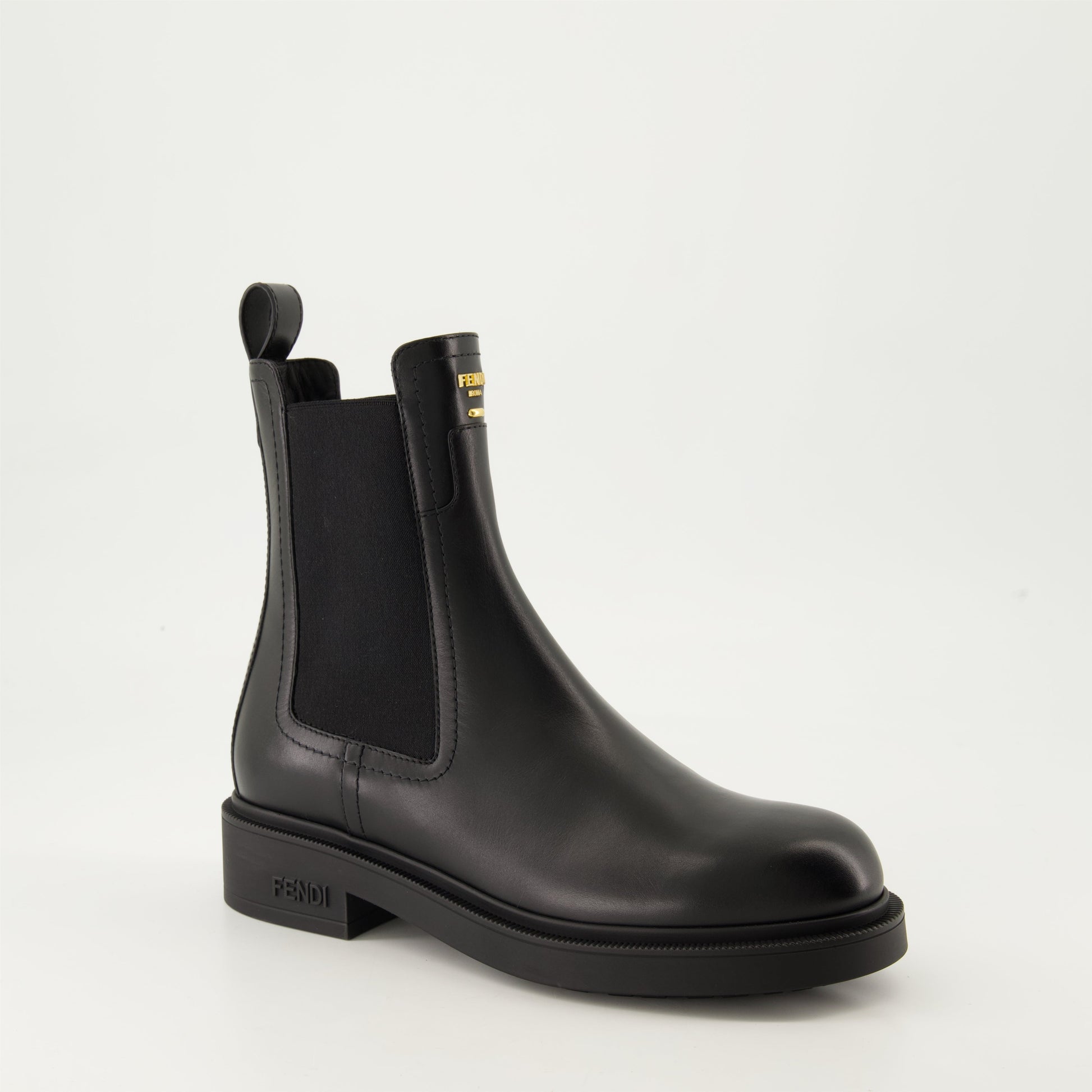 leather ankle boots, black boots, Fendi shoes, metallic details, pull-on boots