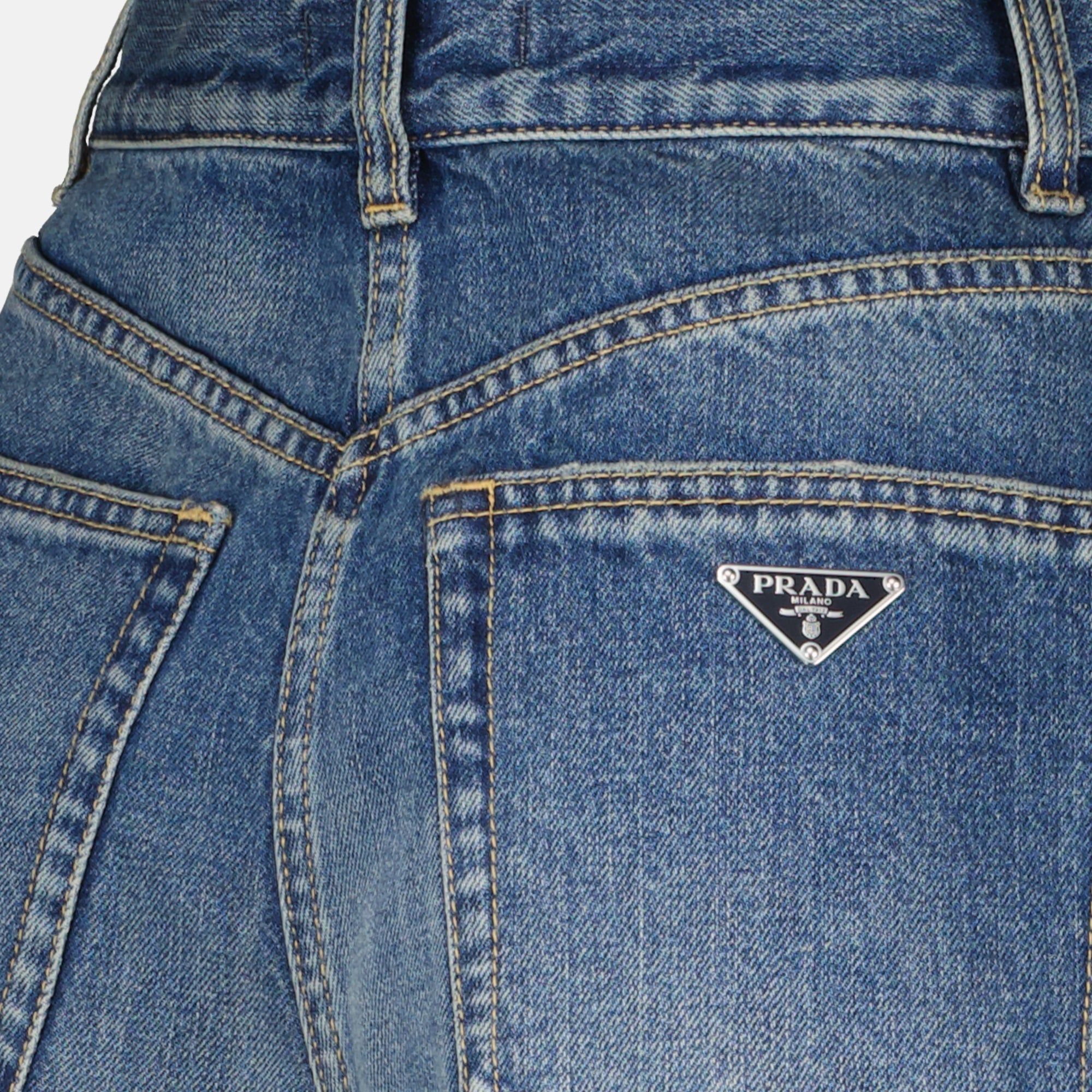 Prada denim shorts, high waist shorts, casual chic shorts, faded blue denim, Autumn-Winter 2025 collection