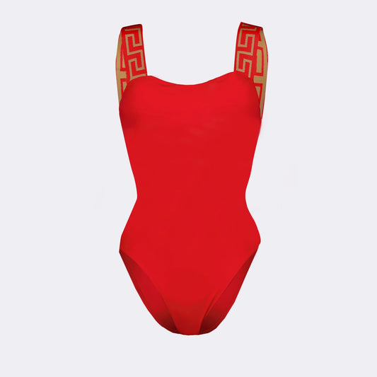 Versace swimwear, red swimwear, Greca pattern, luxury swimwear, designer swimwear