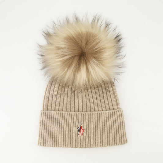 cashmere beanie, pom pom beanie, Moncler Grenoble, beige beanie, designer winter hat