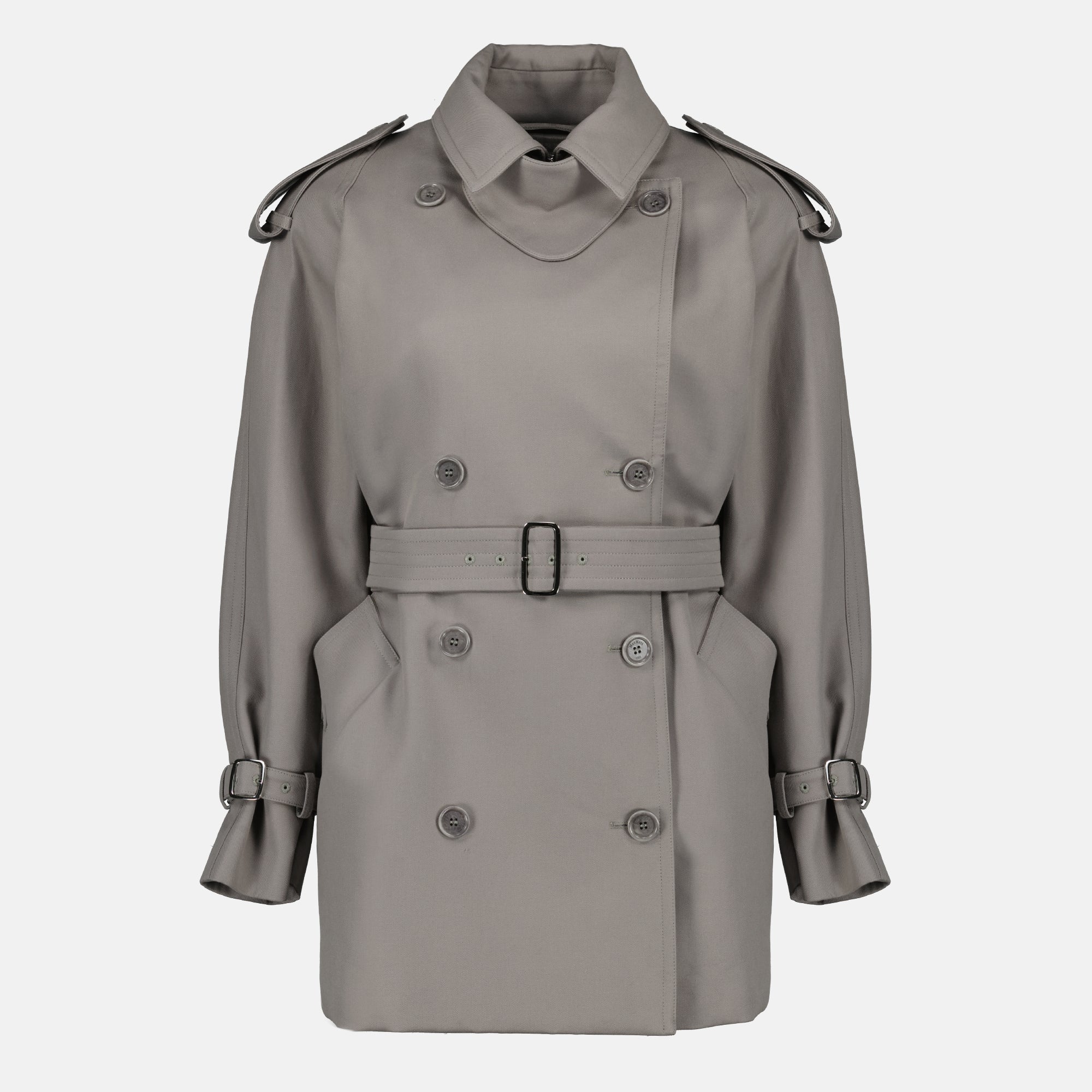 Mid-Length Trench Coat in Grey Cotton Gabardine