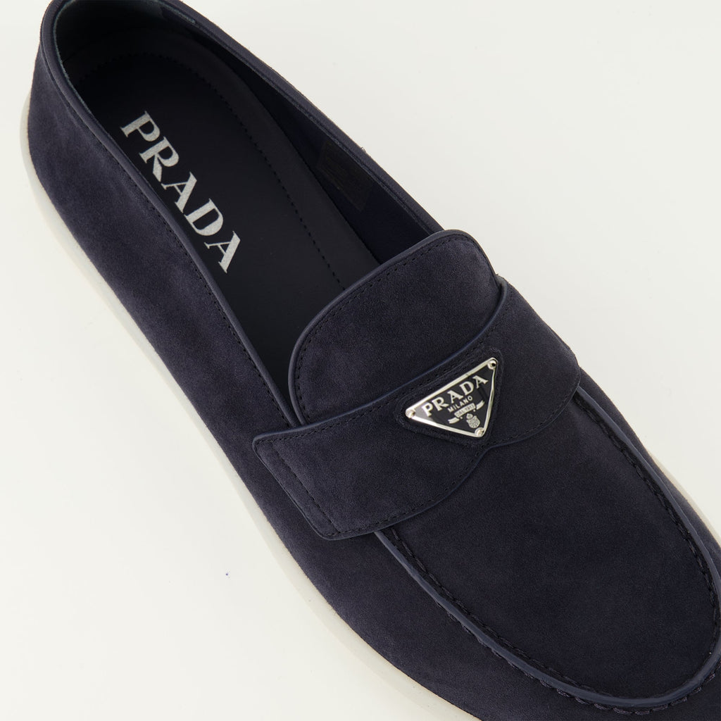 Prada loafers, navy blue suede shoes, slip-on footwear, triangle logo, men's designer shoes