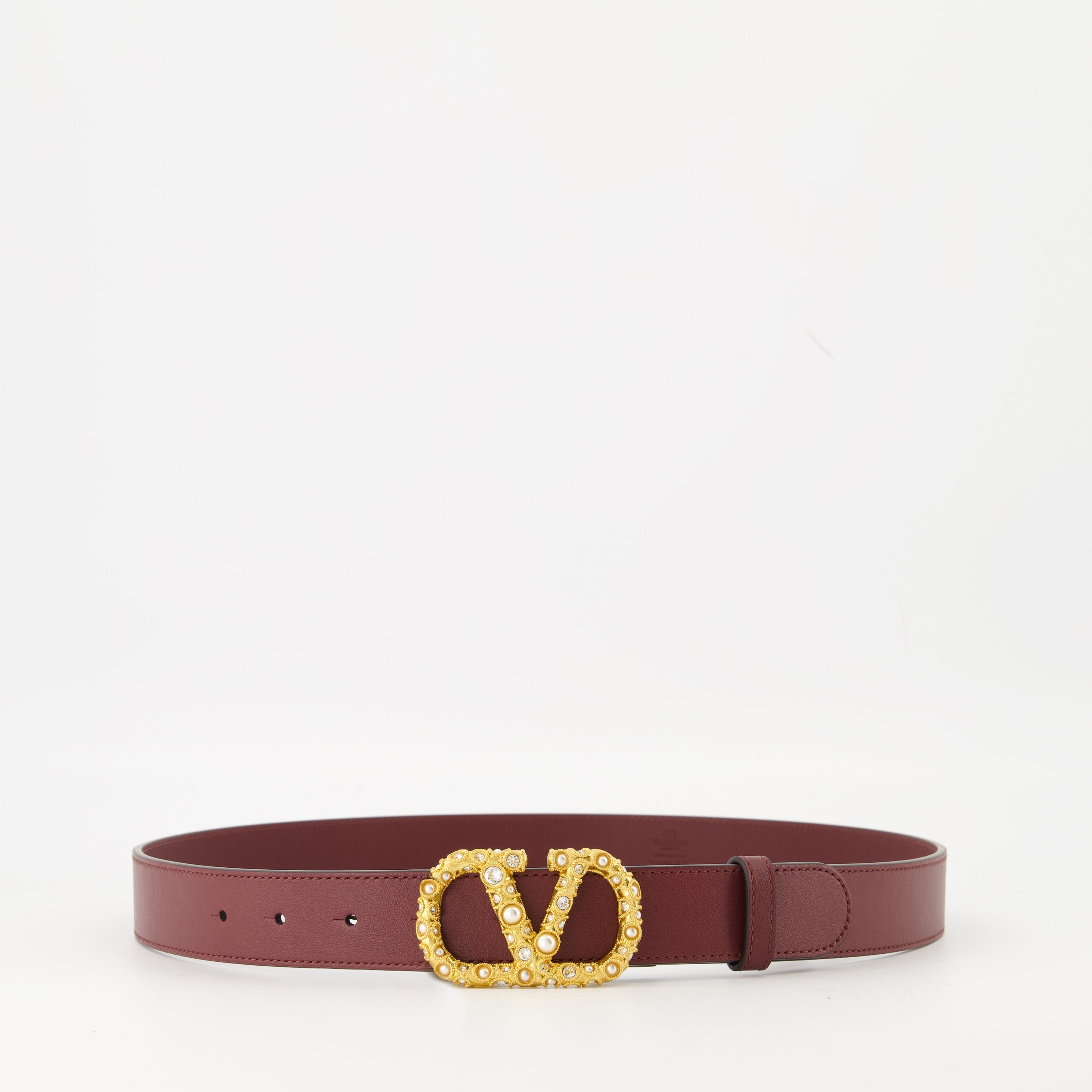 Vlogo belt, Valentino Garavani, bordeaux belt, Swarovski crystals, luxury accessories