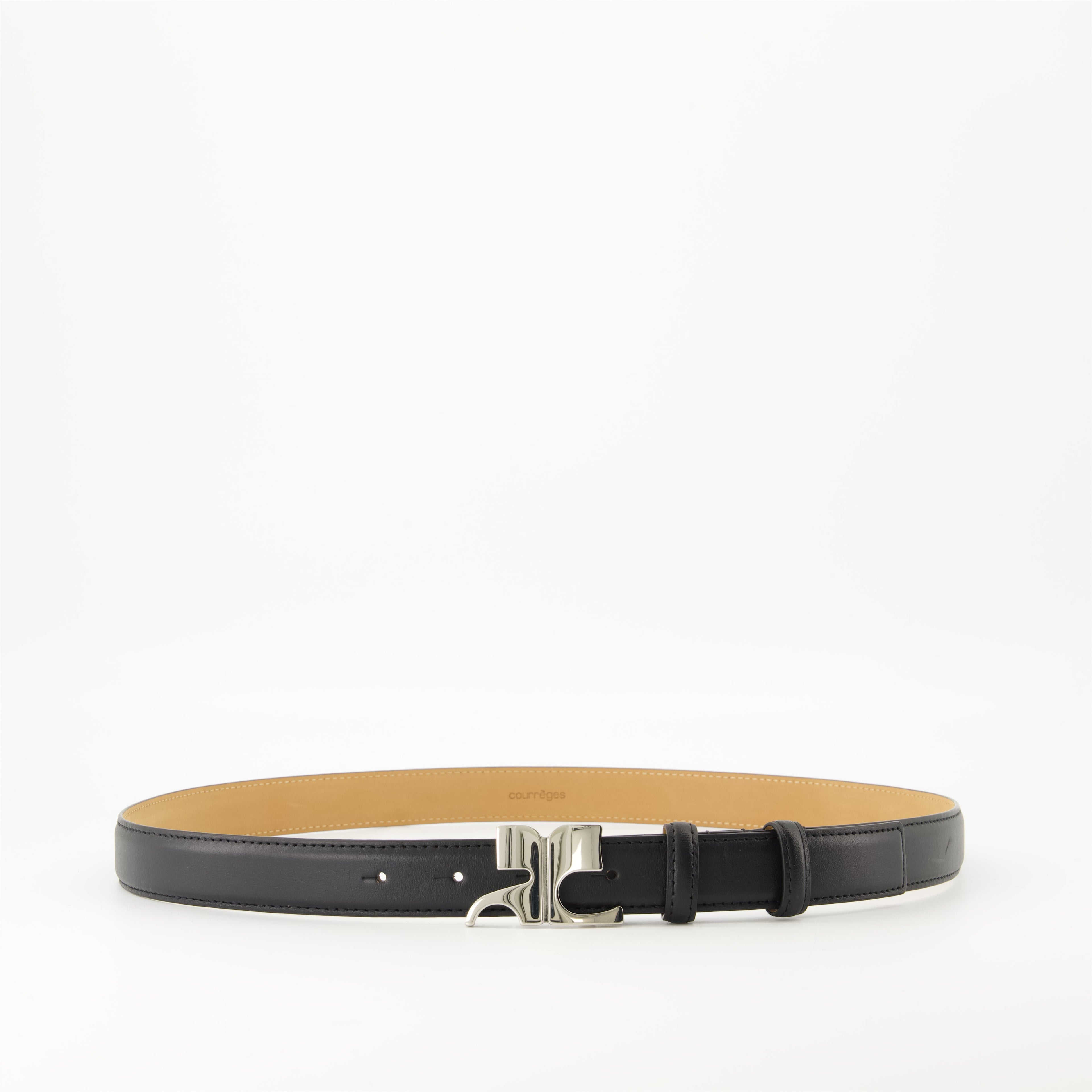 black leather belt, adjustable leather belt, Courrèges accessories, metallic buckle belt, men's fashion belt