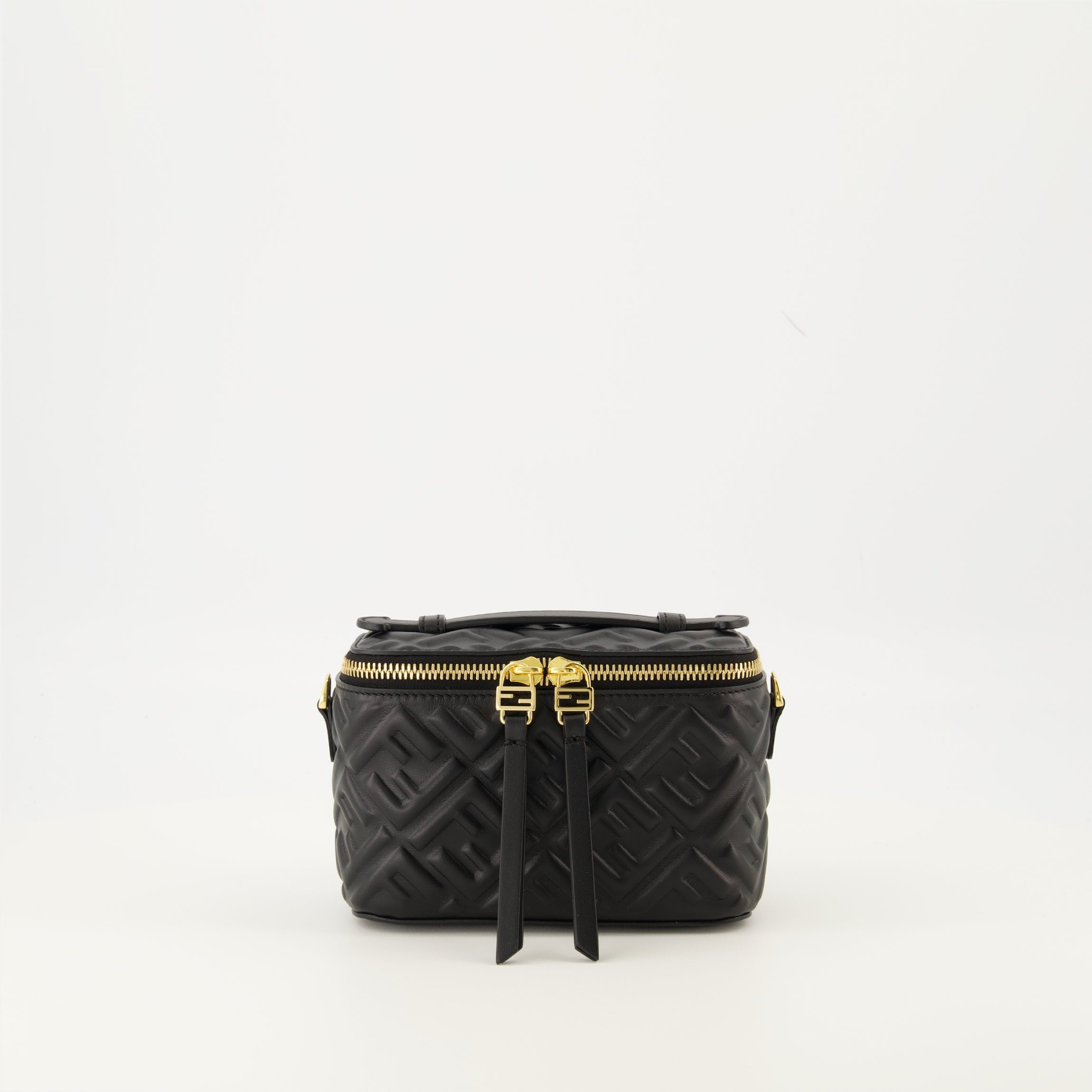 Fendi vanity bag, black leather bag, lambskin accessory, luxury handbag, 3D embossed FF