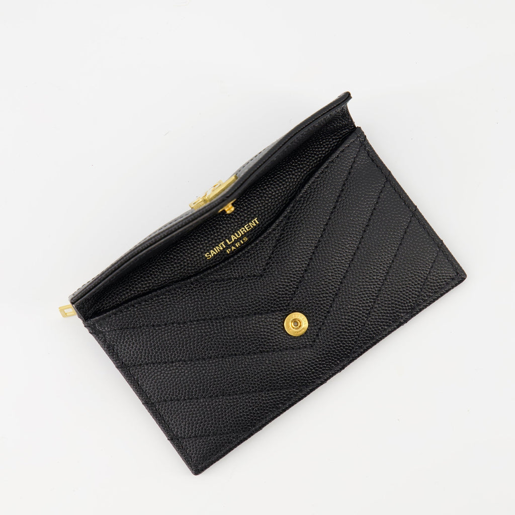 black cardholder, Saint Laurent, textured leather accessory, YSL logo, luxury cardholder