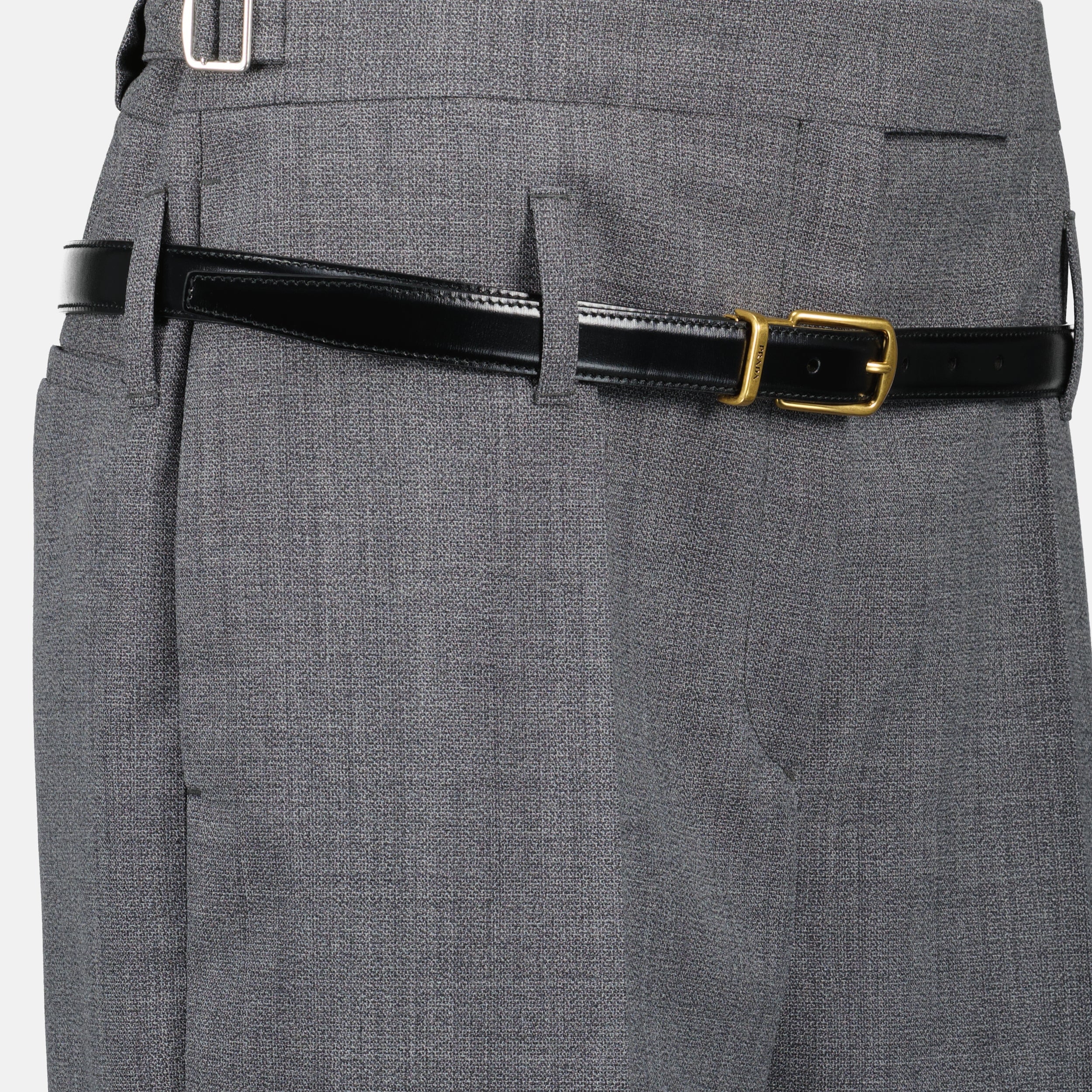 gray wool trousers, flare cut trousers, Prada trousers, women's trousers, tailored gray pants