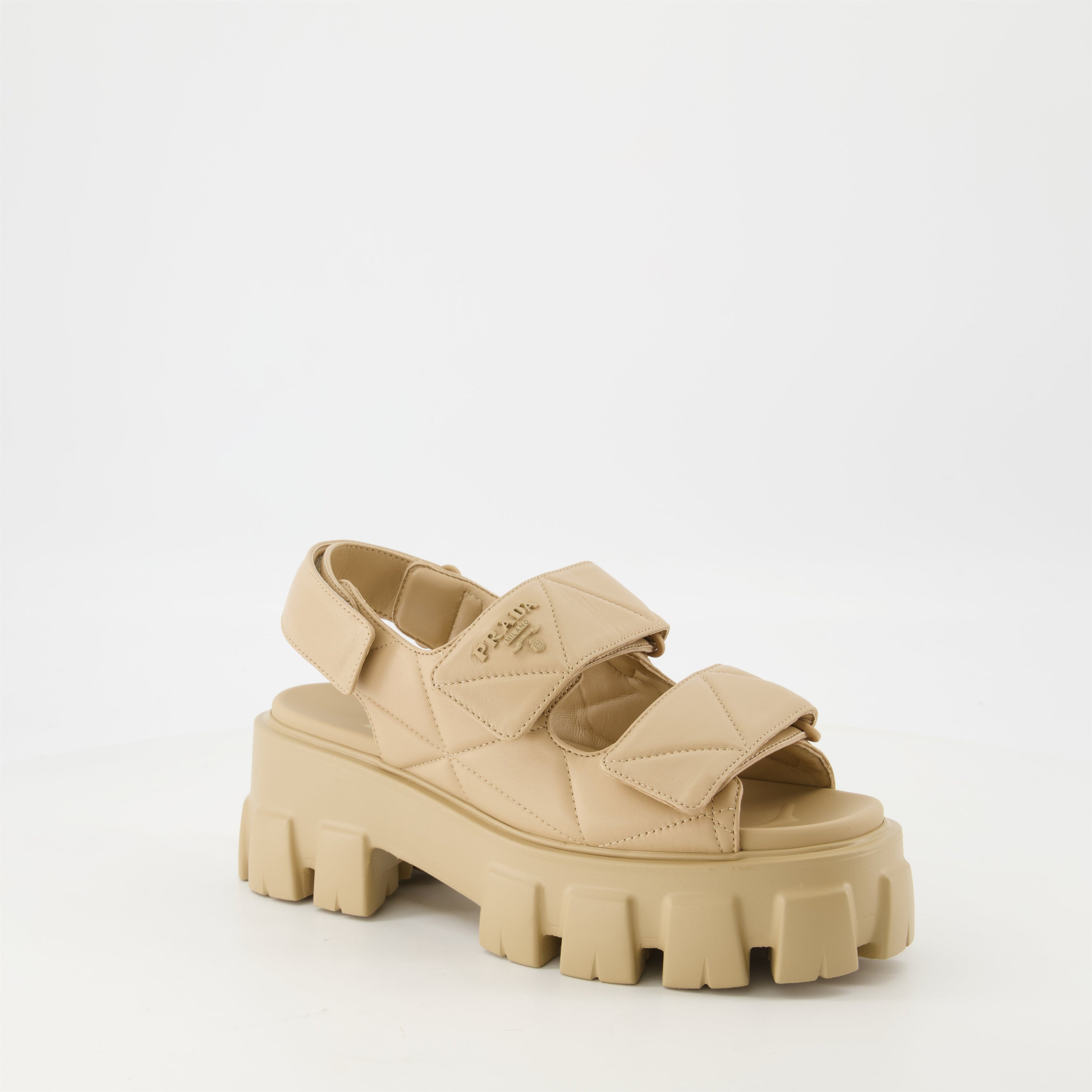quilted leather sandals, Prada sandals, summer footwear, adjustable sandals, casual style