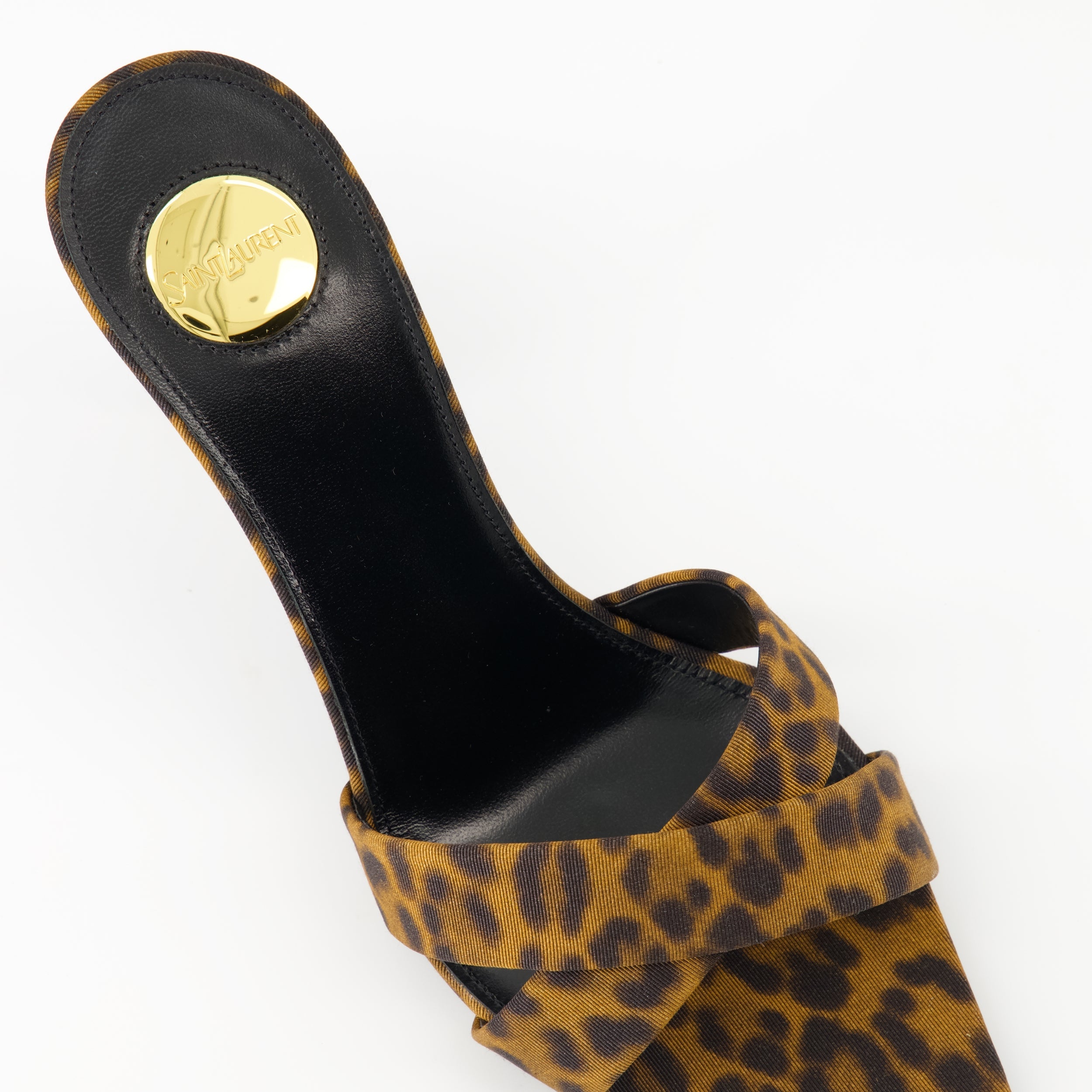 Image of Jill Leopard Print Heeled Sandals by Saint Laurent for Women - Season Spring-Summer 2025 - Top Detail View