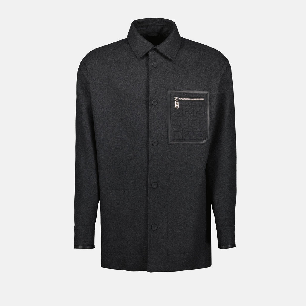 Grå Ullskjortejakke med Lærdetaljer