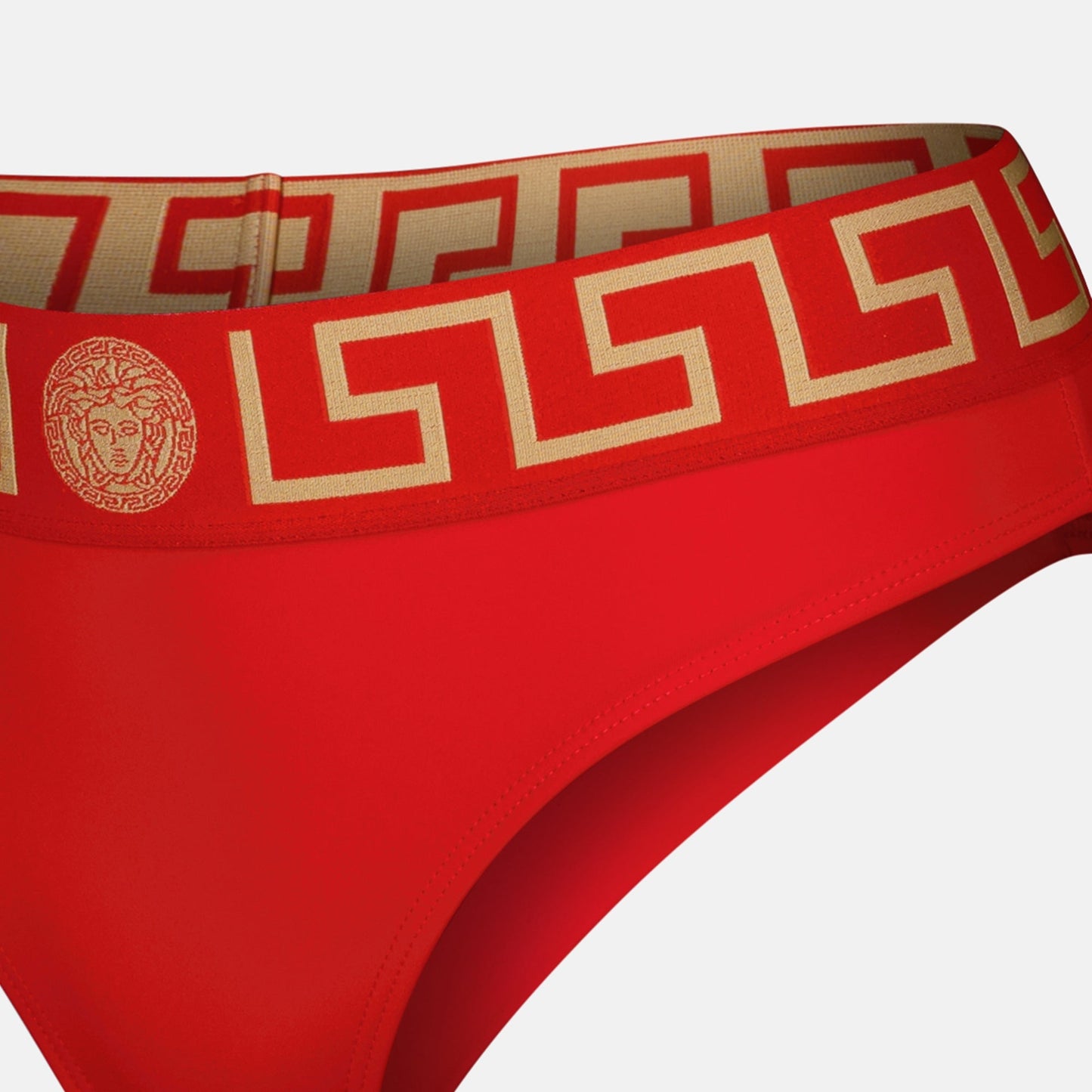 Versace, Greca bikini bottoms, luxury swimwear, red bikini, high-end fashion