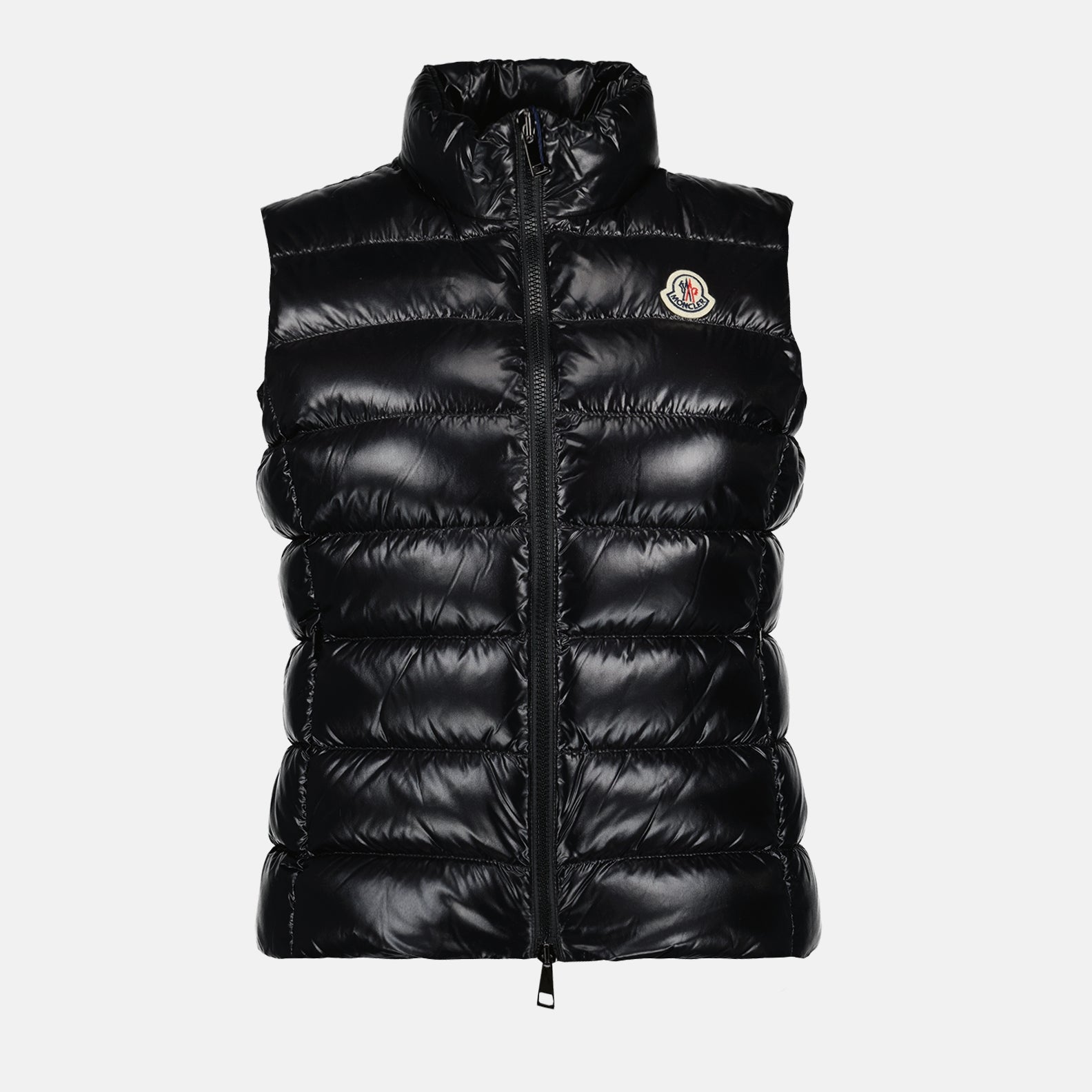 luxury puffer, sleeveless jacket, Moncler outerwear, black nylon puffer, high collar jacket