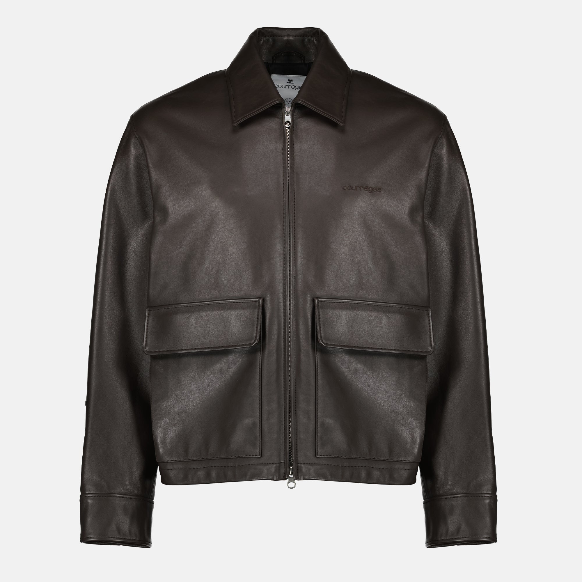 Image of Brown Leather Zipped Jacket by Courrèges for Men - Season Spring-Summer 2026 - Front View