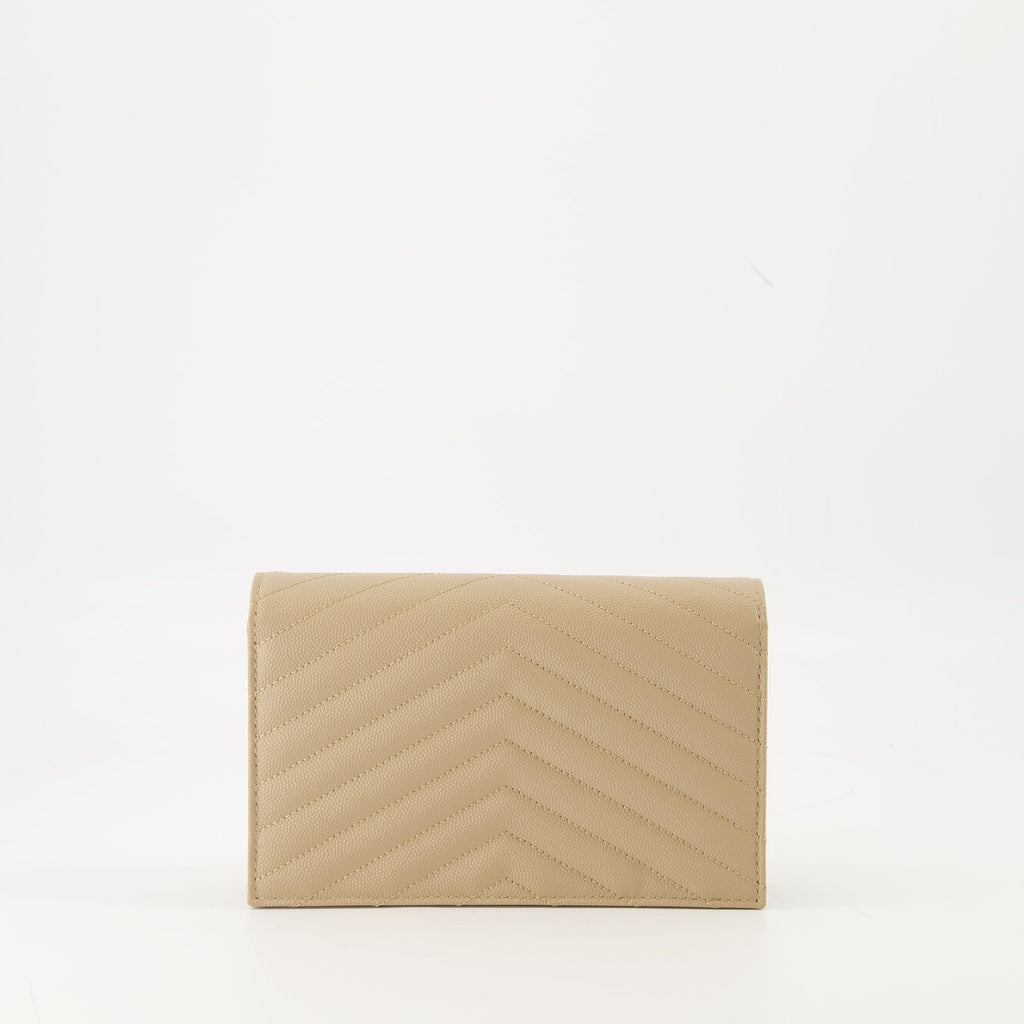 Saint Laurent wallet, grained leather wallet, beige chain wallet, luxury accessories, designer wallet