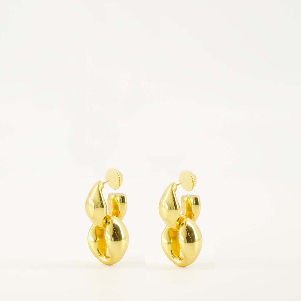 double signet earrings, Patou jewelry, gold earrings, engraved logo earrings, brass accessories