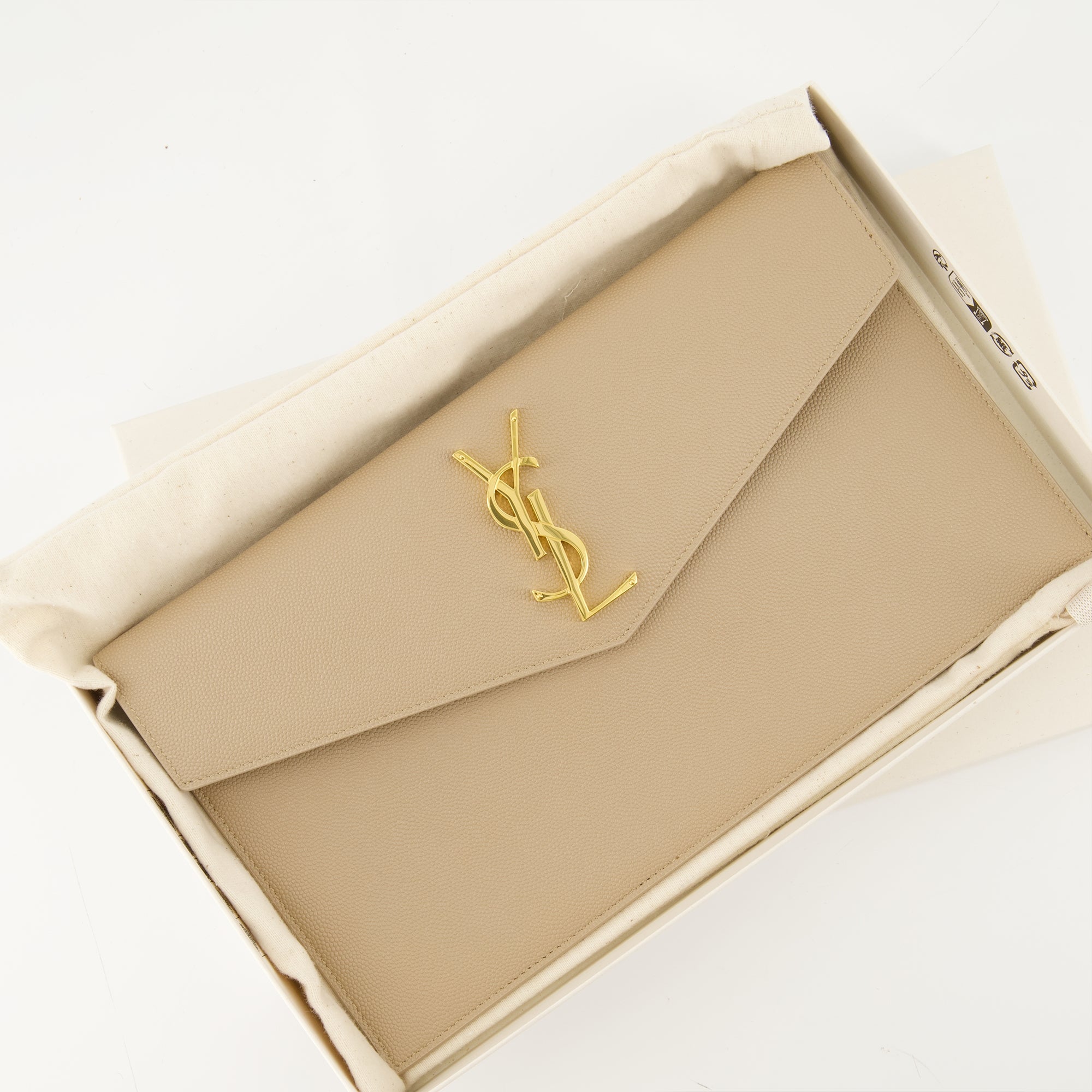 Saint Laurent pouch, grained calf leather, Uptown collection, beige leather accessories, luxury handbags