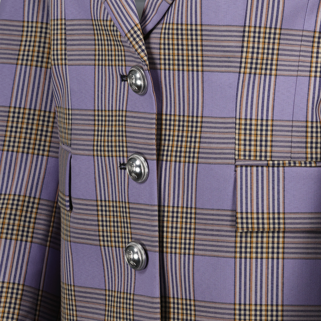 purple blazer, oversized blazer, checkered blazer, Rabanne fashion, women's outerwear