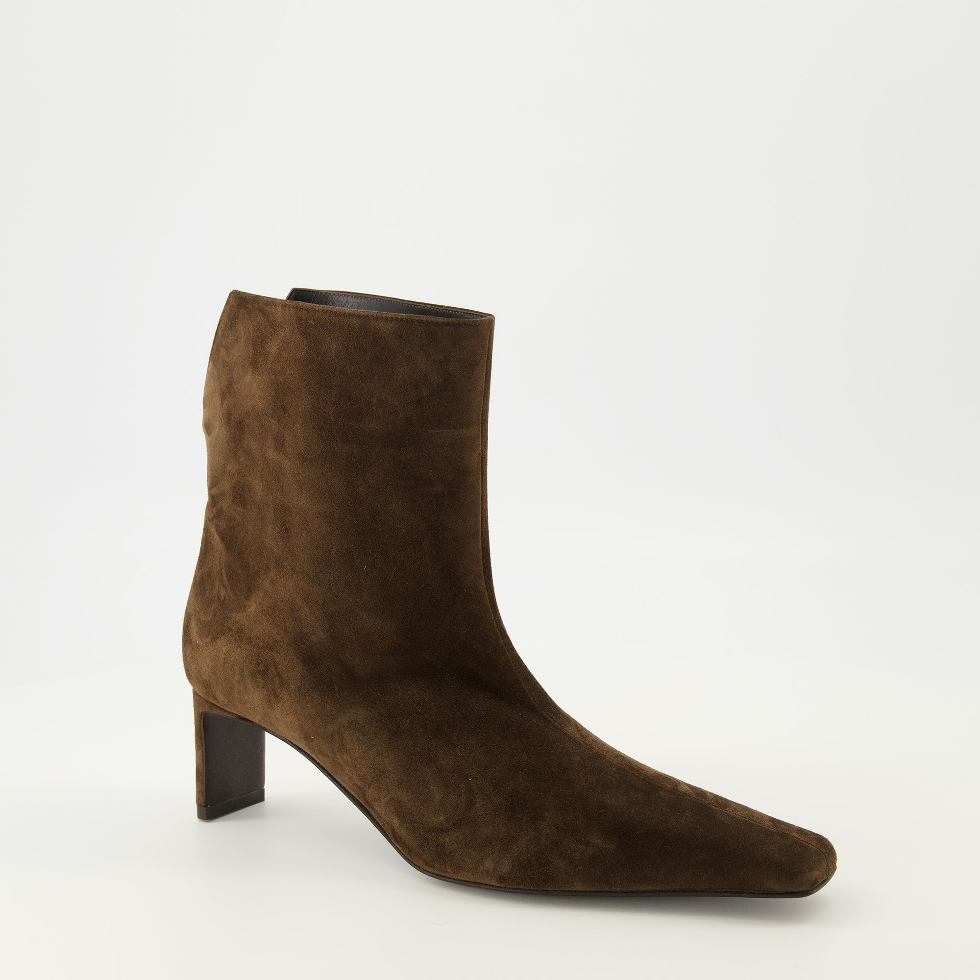Khaite boots, brown ankle boots, calfskin leather footwear, square toe design boots, luxury ankle boots