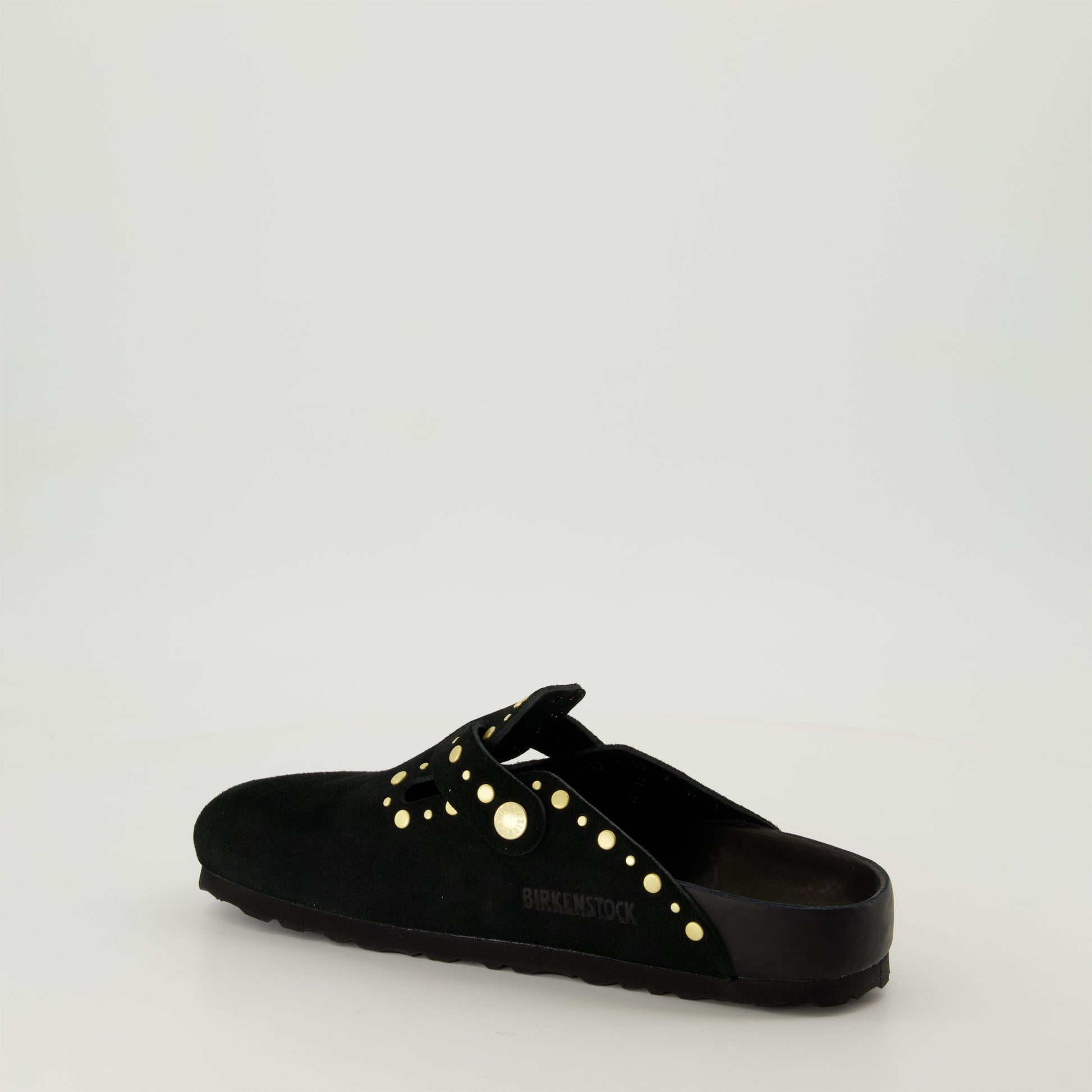 suede mules, gold studded mules, Boston mules, slip-on shoes, anatomical footbed