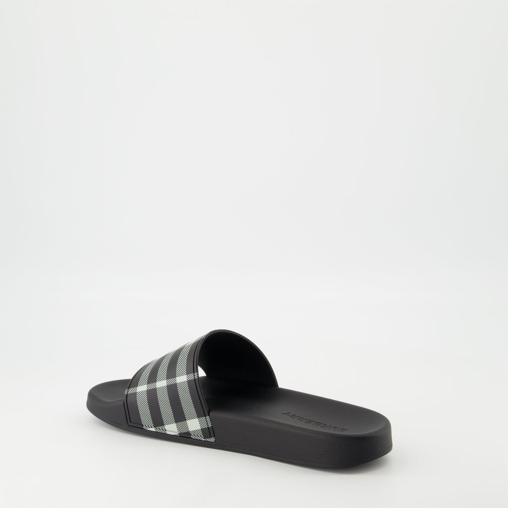 Burberry slides, Check print sandals, Polyurethane footwear, Casual slides, Designer sandals