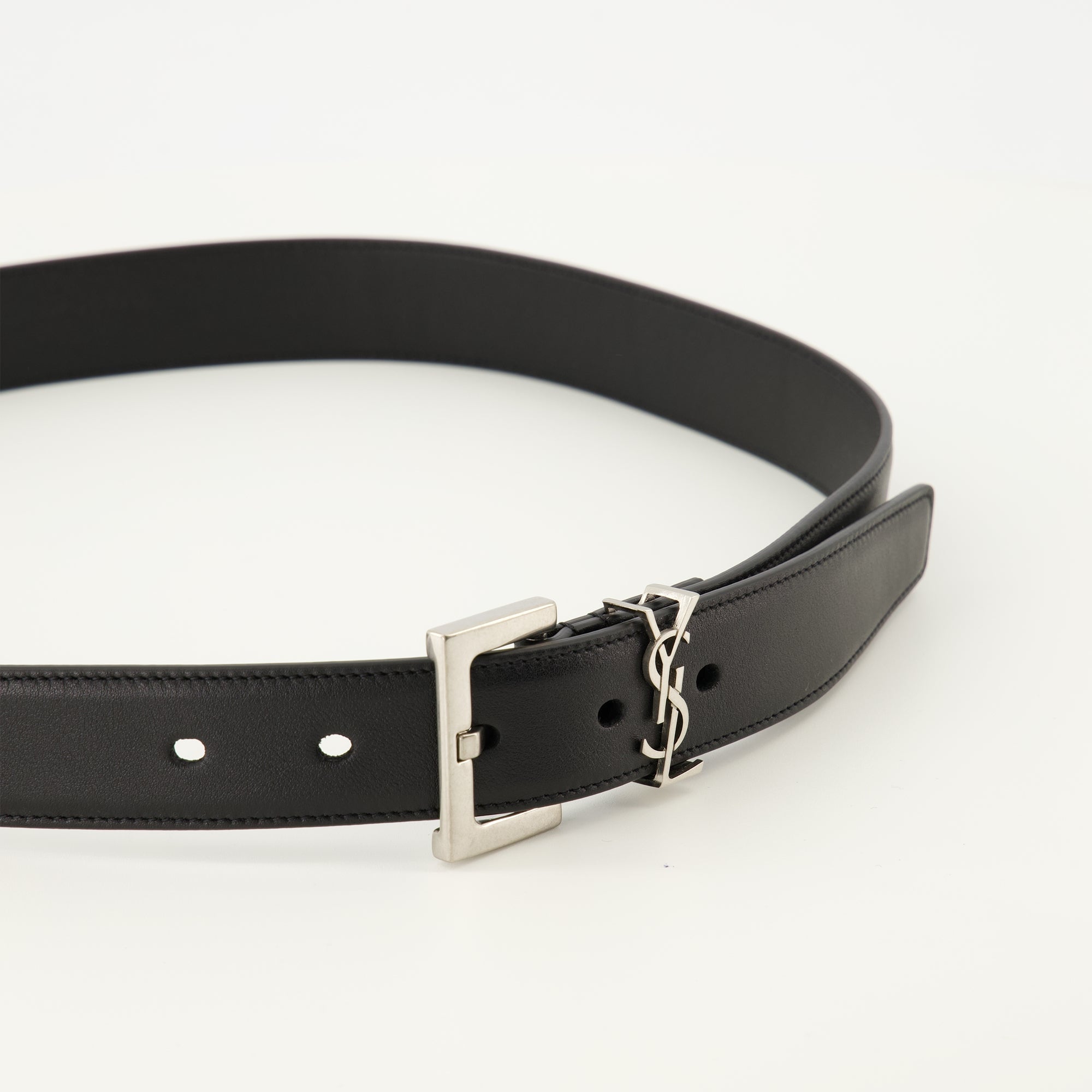 Cassandre belt, black leather belt, Saint Laurent accessories, luxury belts, fashion belts