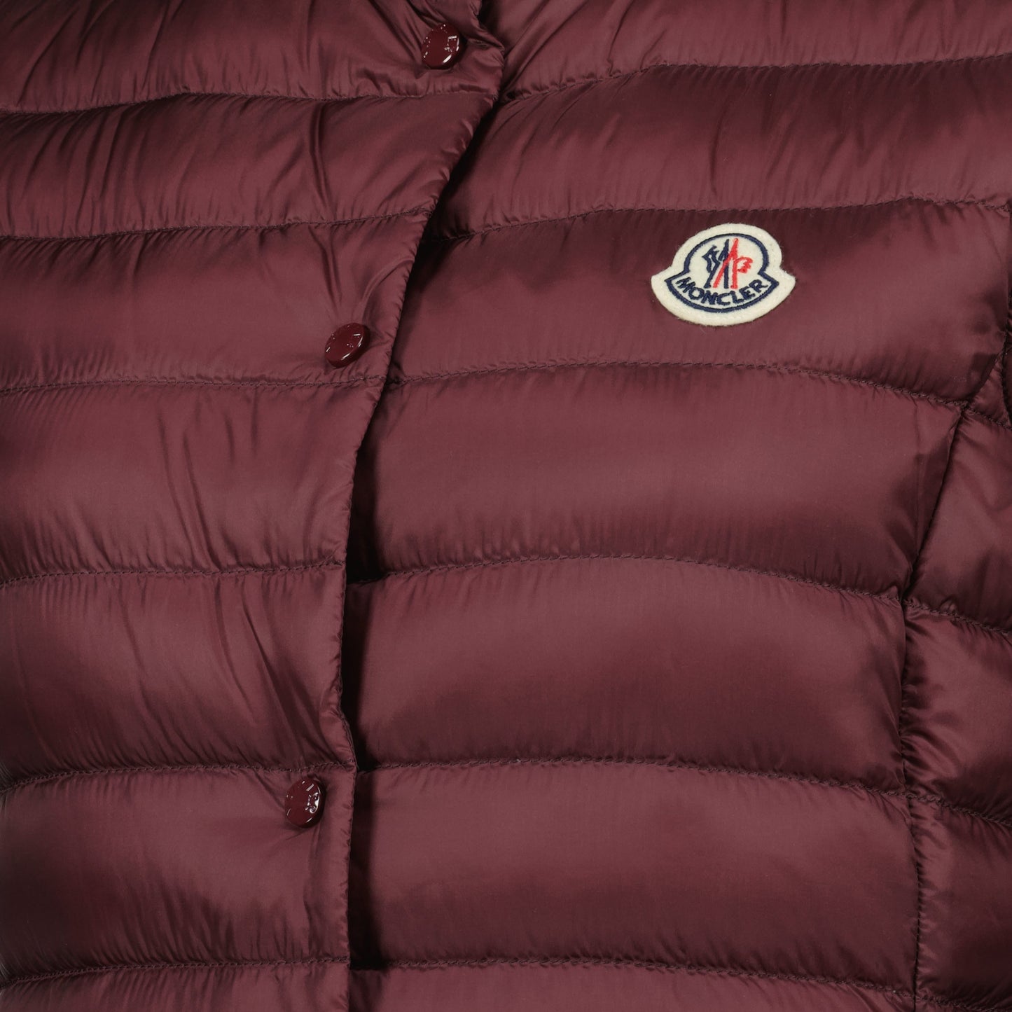 Bordeaux puffer jacket, Moncler sleeveless coat, women's winter outerwear, quilted sleeveless jacket, stylish cold-weather jacket