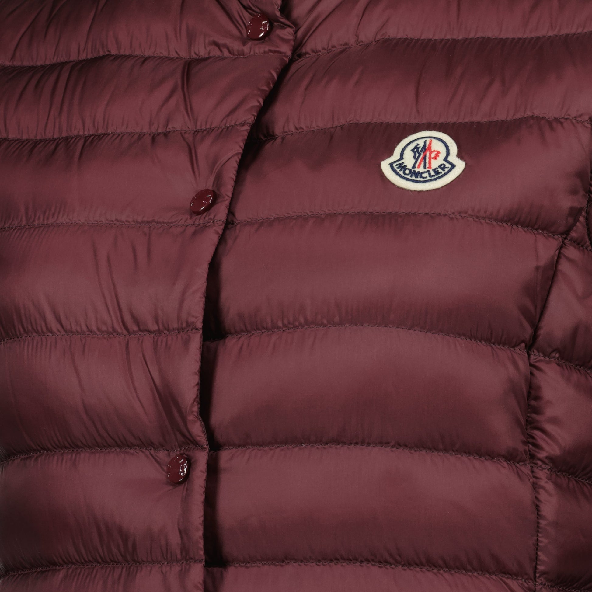 Bordeaux puffer jacket, Moncler sleeveless coat, women's winter outerwear, quilted sleeveless jacket, stylish cold-weather jacket