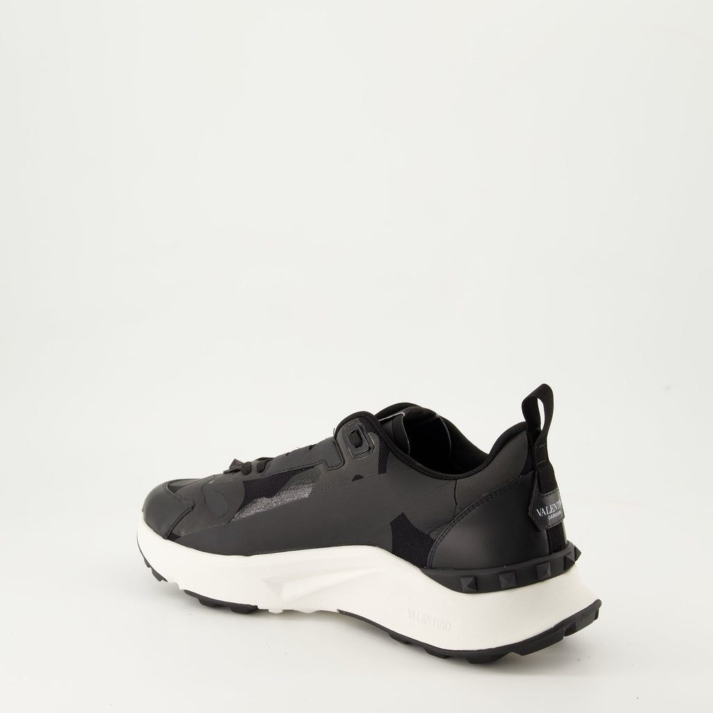 Black Camouflage Sneakers, Technical Fabric Sneakers, Leather Footwear, Rugged Rubber Sole, Contemporary Style