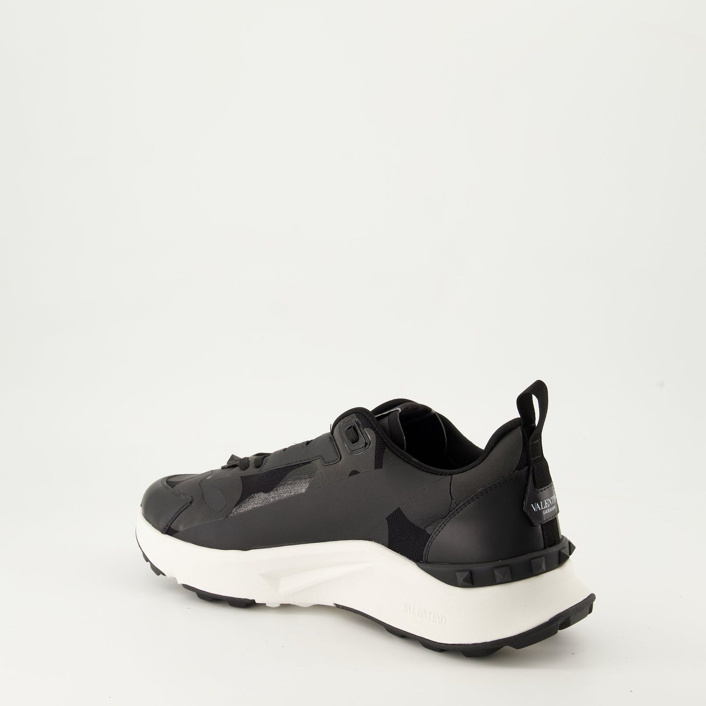 Black Camouflage Sneakers, Technical Fabric Sneakers, Leather Footwear, Rugged Rubber Sole, Contemporary Style