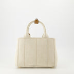 canvas tote bag, Prada, beige tote, luxury accessories, embroidered logo