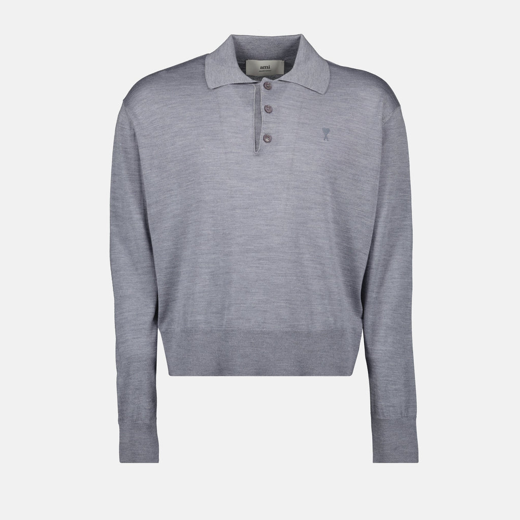 Ami Paris, polo shirt, grey wool silk polo, Ami de Coeur, Autumn-Winter collection
