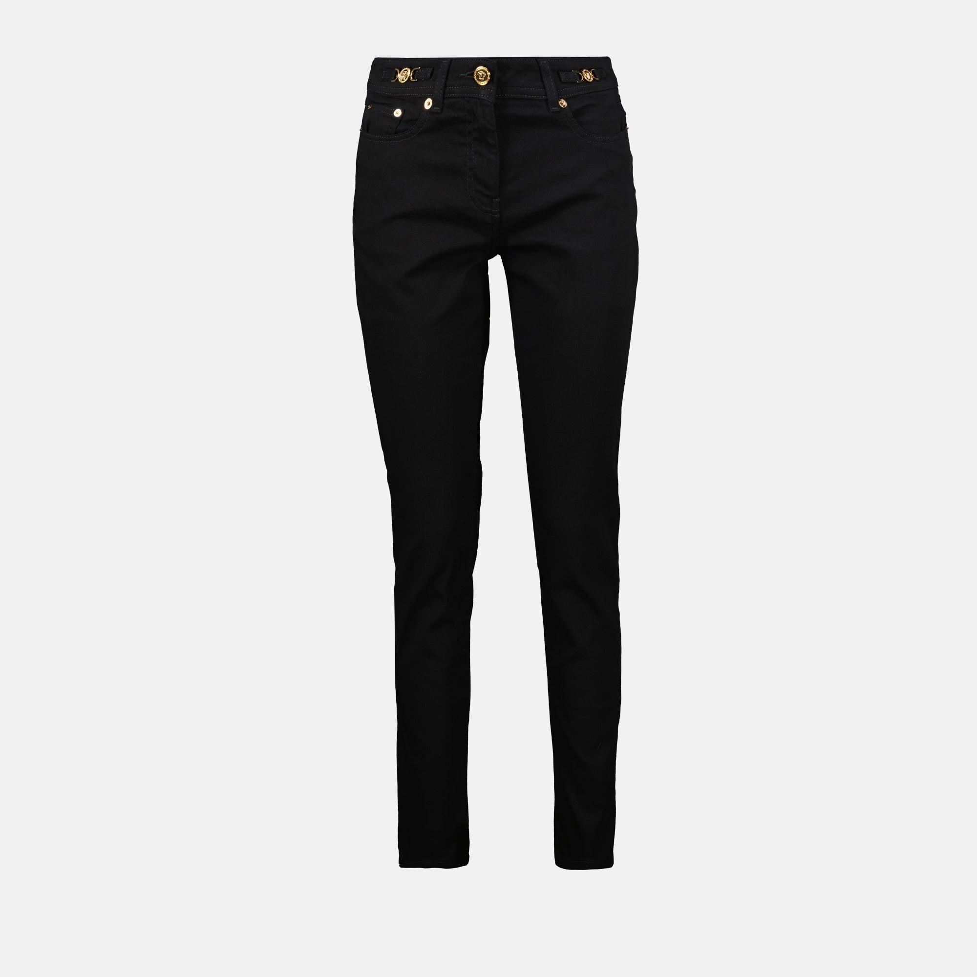 slim denim jeans, Versace jeans, black jeans, designer denim, Medusa detail jeans