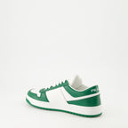Image of White and Green Leather Downtown Sneakers by Prada for Women - Season Autumn-Winter 2024 - Back Right Three-Quarter View