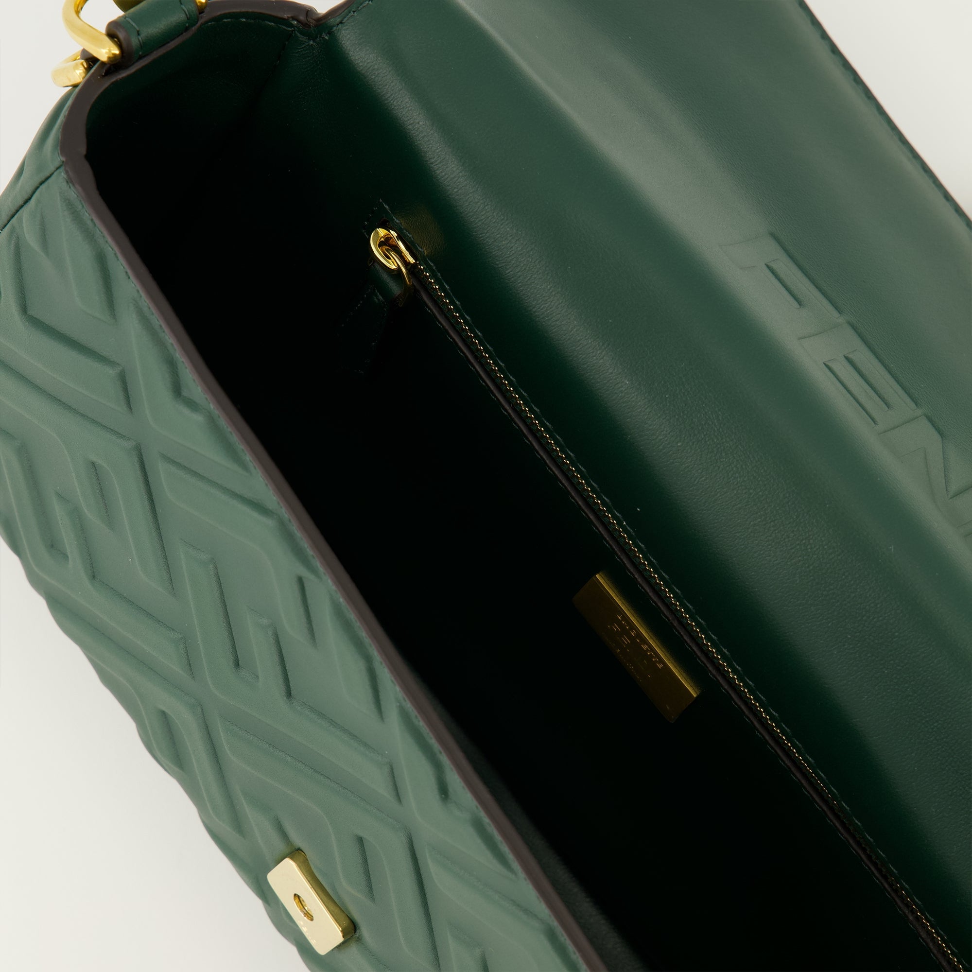 Fendi baguette bag, dark green leather bag, 2025 collection bag, FF logo handbag, luxury fashion accessories