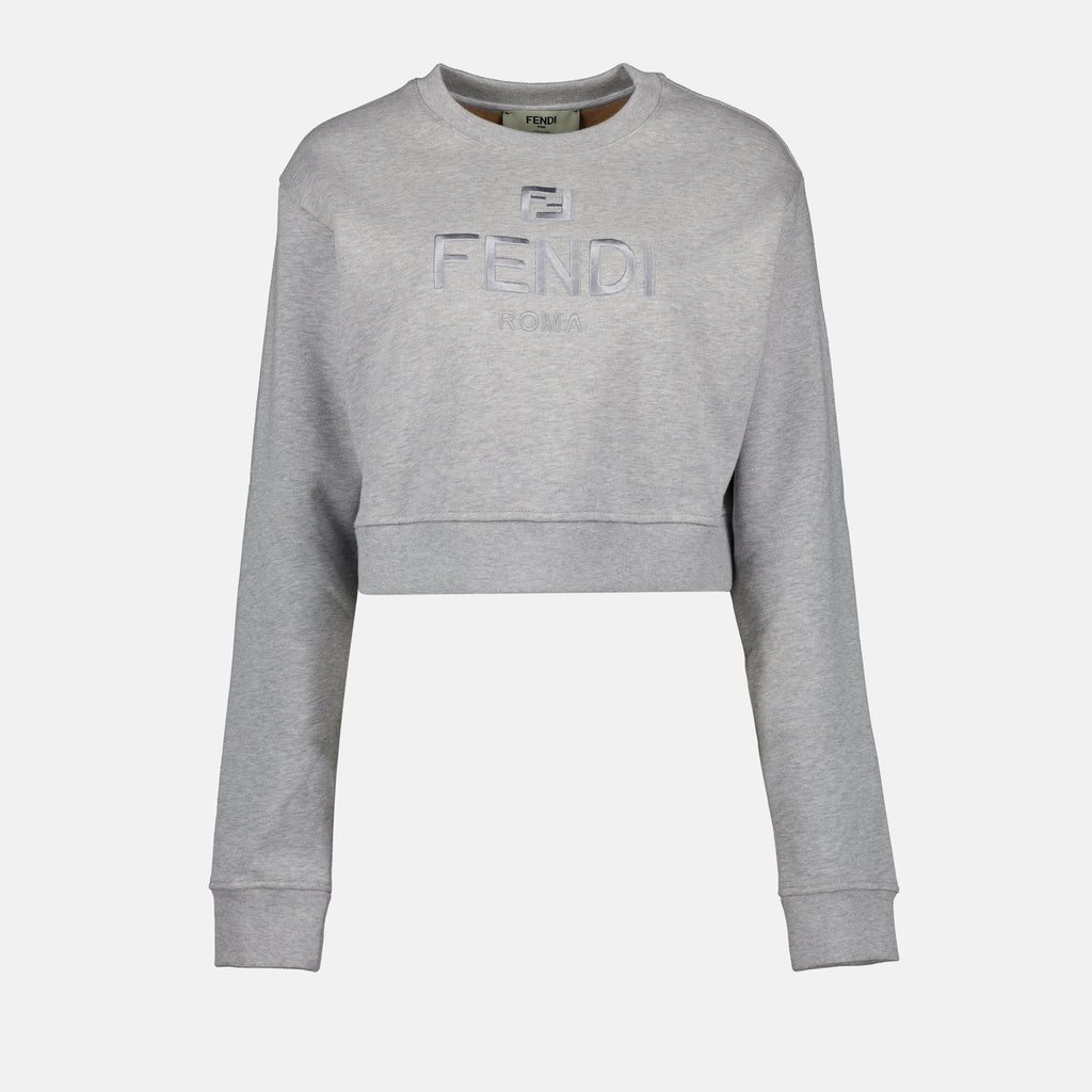 gray sweatshirt, cotton top, Fendi collection, round neckline, fall fashion