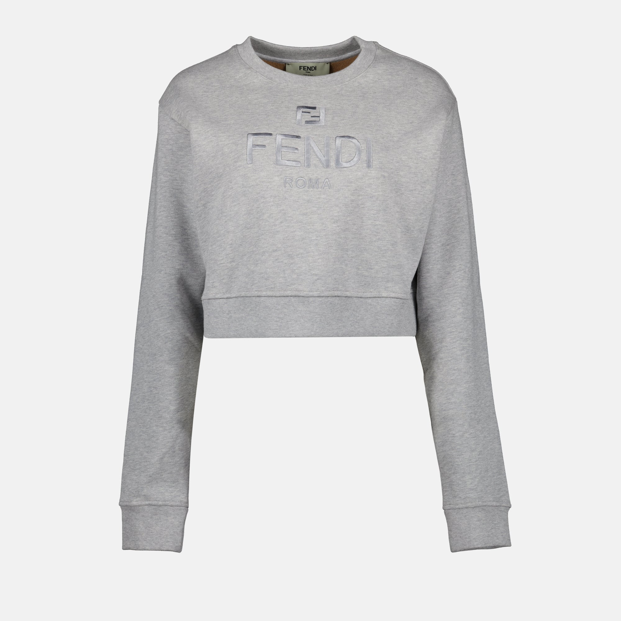 gray sweatshirt, cotton top, Fendi collection, round neckline, fall fashion