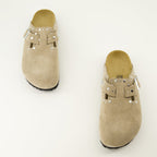 Birkenstock mules, beige suede shoes, comfortable footwear, molded sole, adjustable slip-ons