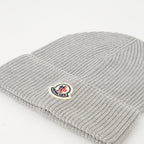 grey knit beanie, logo beanie, Moncler accessories, ribbed knit hat, winter fashion