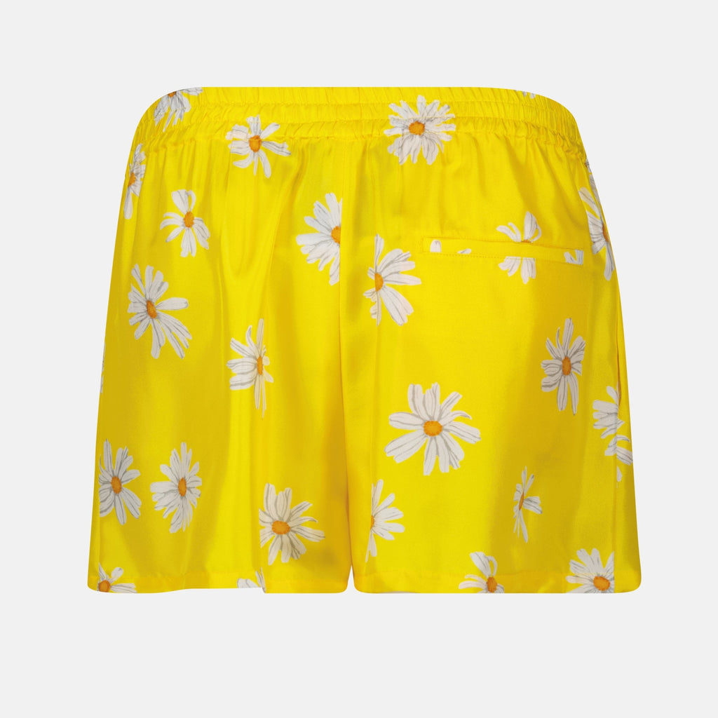 silk shorts, Moschino shorts, daisy print shorts, yellow shorts, summer fashion