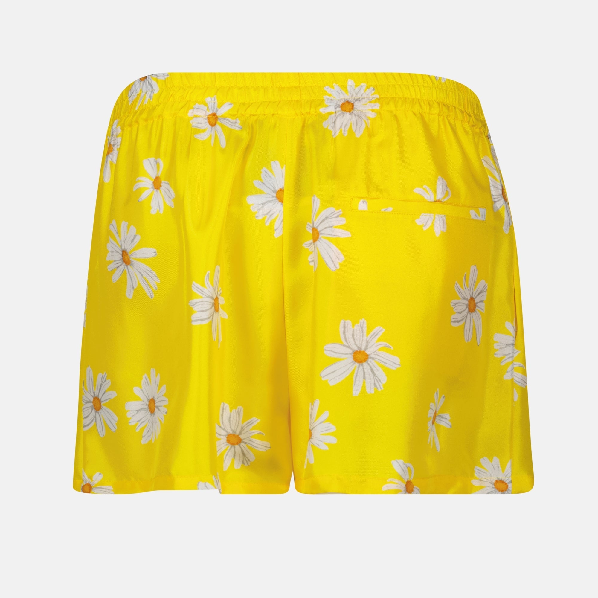 silk shorts, Moschino shorts, daisy print shorts, yellow shorts, summer fashion
