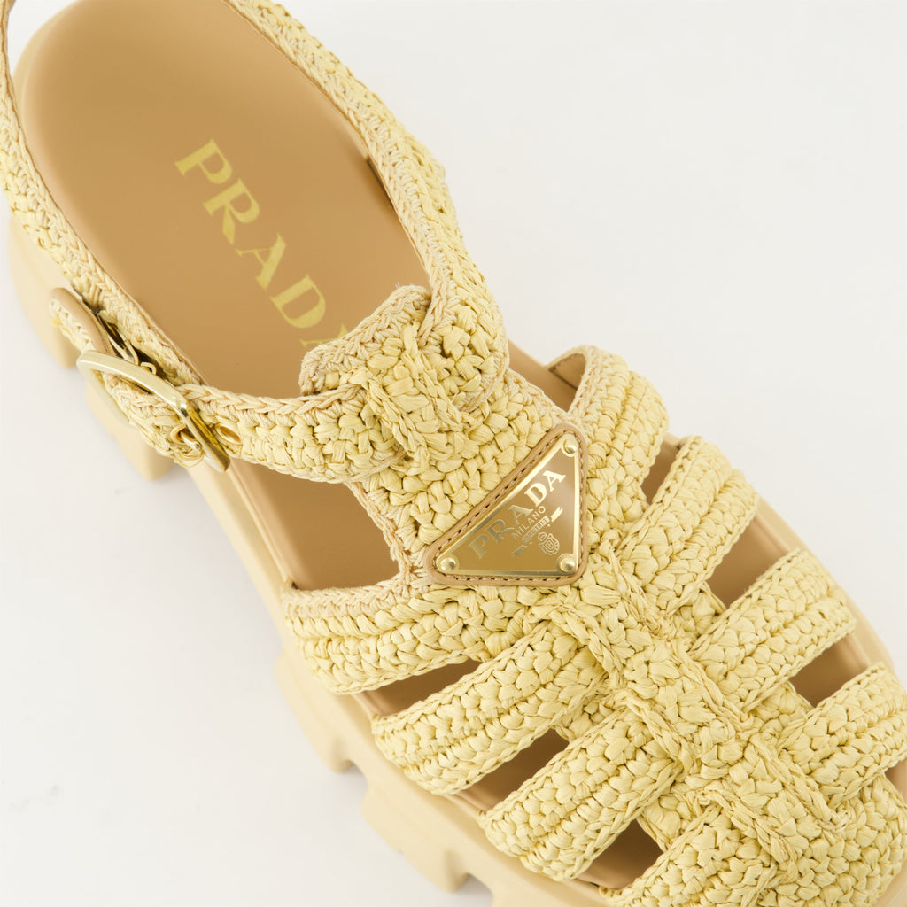 Beige raphia sandals, Monolith sandals, summer footwear, Prada sandals, adjustable ankle strap sandals