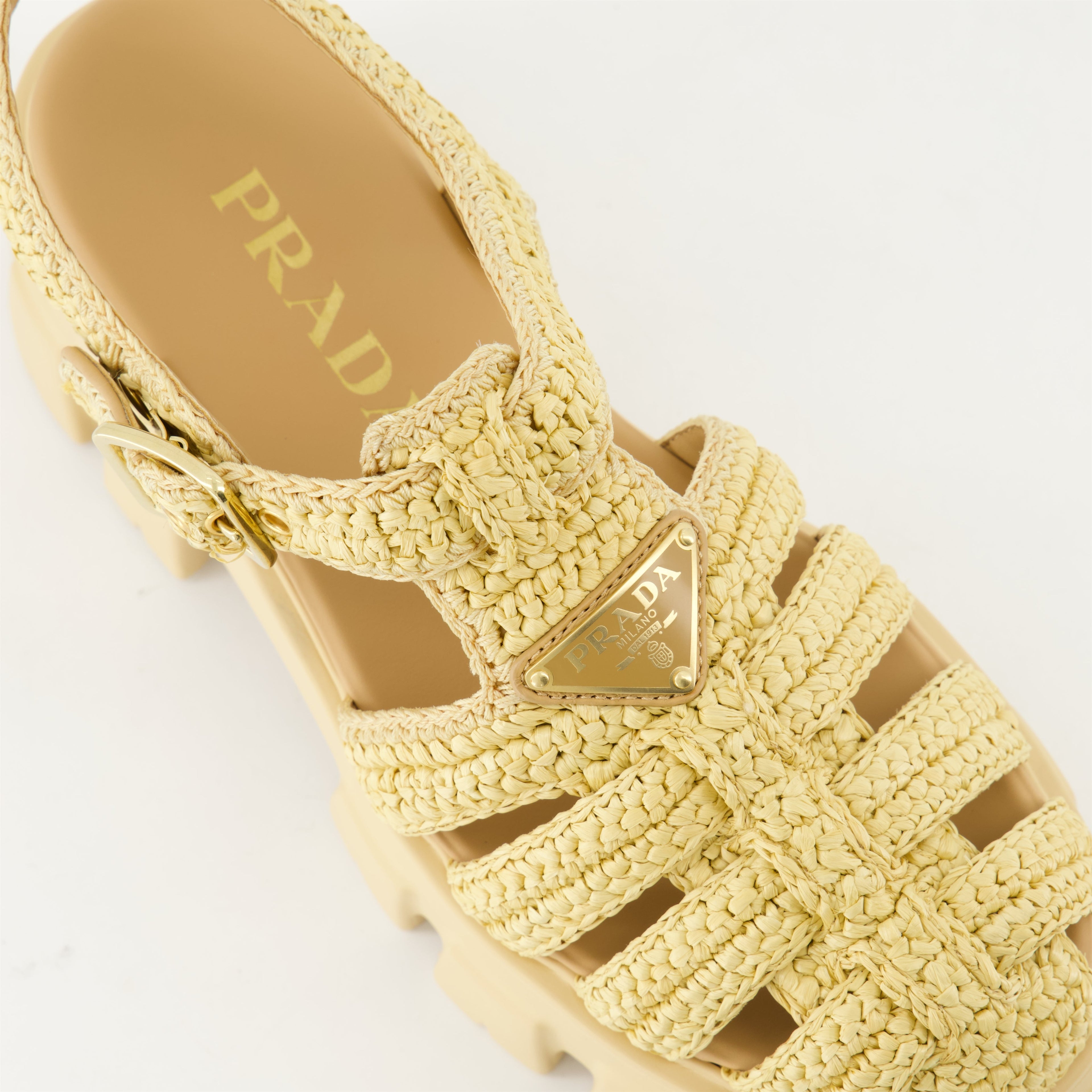 Beige raphia sandals, Monolith sandals, summer footwear, Prada sandals, adjustable ankle strap sandals